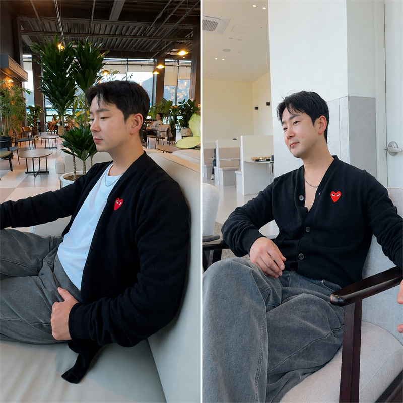 꼼데가르송 브이넥 울 가디건 레드와펜 남녀공용(2컬러)
